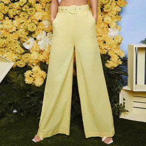 High Waisted Yellow Linen Wide Leg Pants Small XS 70s 1970s Bellbottoms Vintage